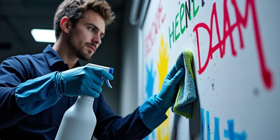 Nettoyer un tableau blanc tâché par des feutres permanents