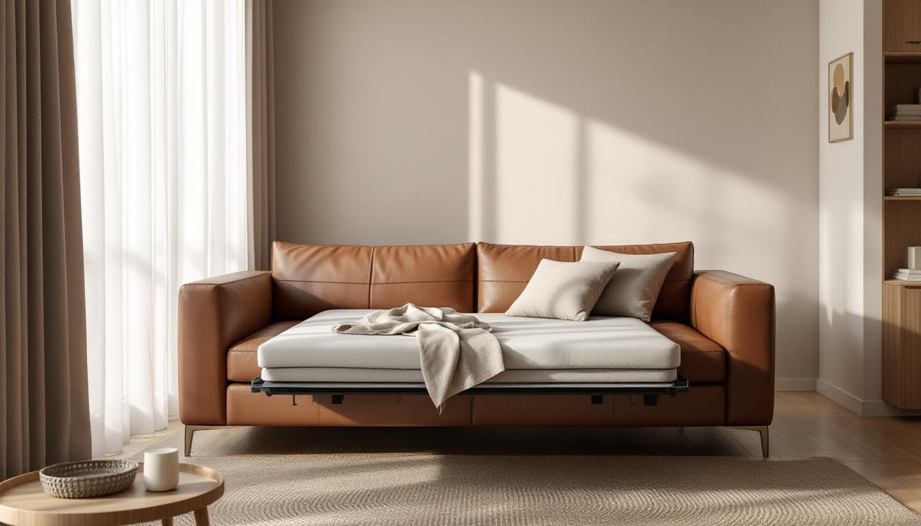 découvrez le canapé convertible en cuir marron, l'alliance parfaite entre style et fonctionnalité, idéal pour optimiser les petits espaces avec élégance.
