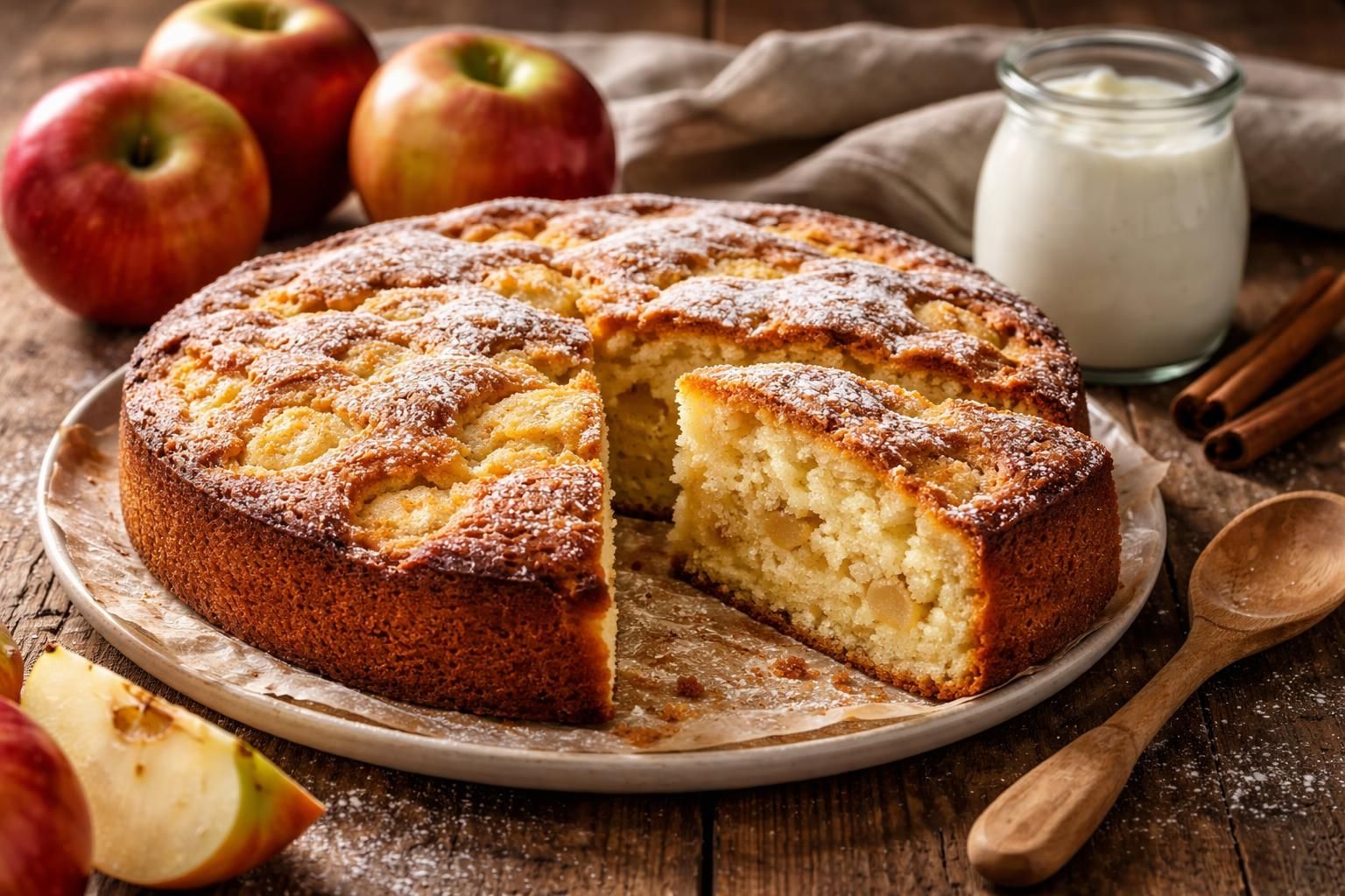 apprenez à réaliser un gâteau au yaourt et aux pommes traditionnel, moelleux à souhait, grâce à la recette secrète de grand-mère.