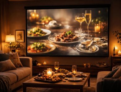 Écran de projection 4K : menu dégustation projeté pour soirée maison
