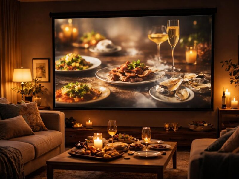 Écran de projection 4K : menu dégustation projeté pour soirée maison
