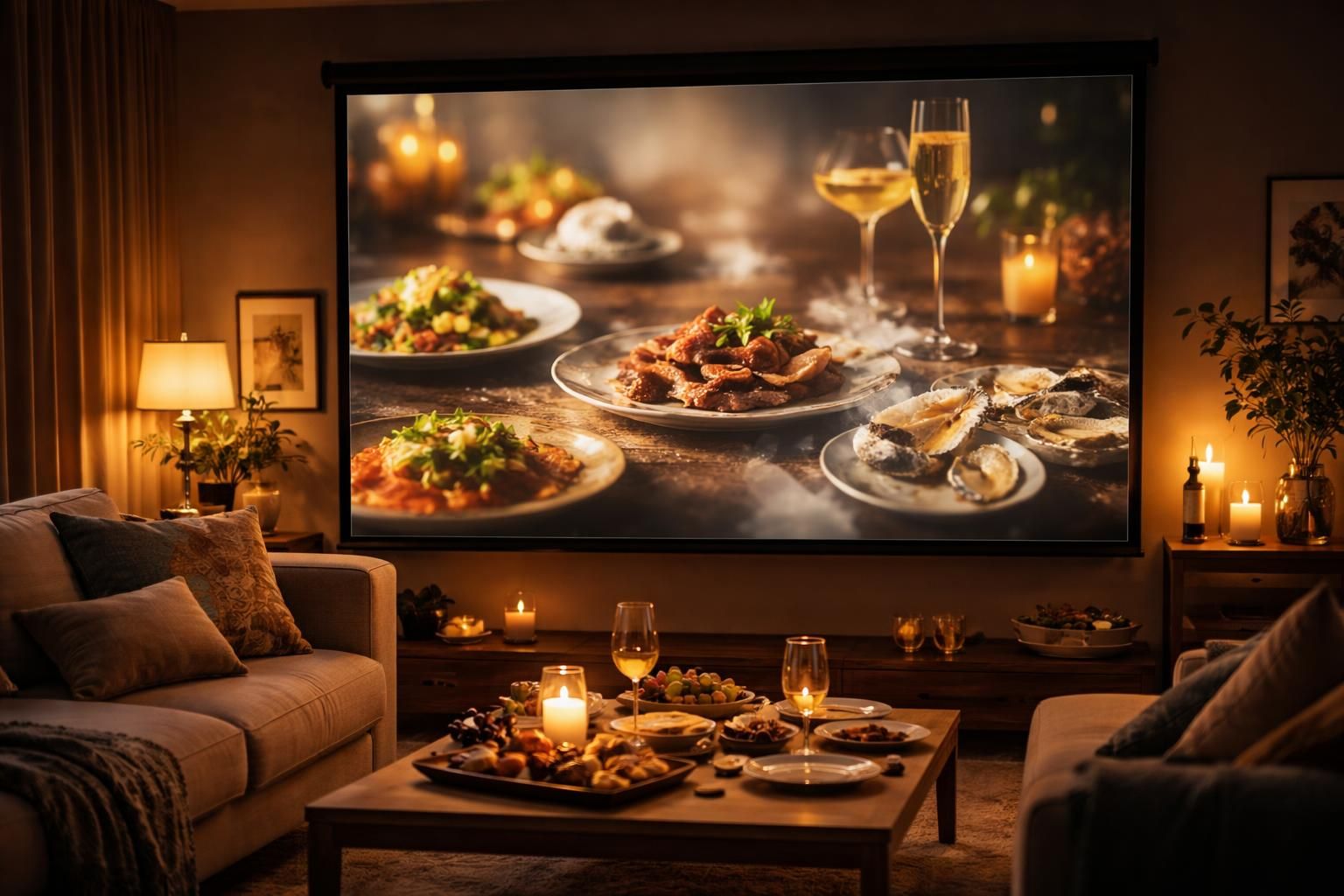 découvrez un écran de projection 4k idéal pour une soirée maison, offrant une qualité d'image exceptionnelle pour un menu dégustation projeté avec élégance et convivialité.