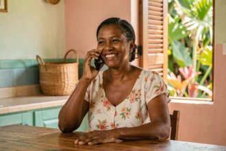Femme guadeloupéenne souriante en train de passer un appel téléphonique depuis sa maison traditionnelle