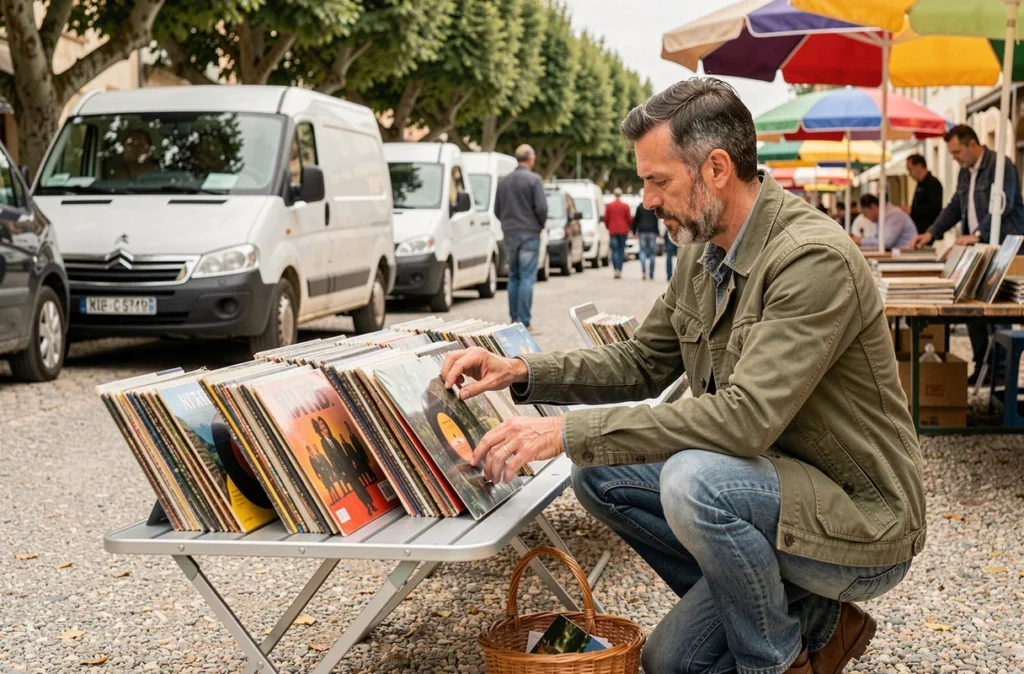 Homme chinant des disques vinyles dans un vide grenier en bord de route des Alpes Maritimes
