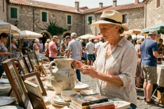 Chineuse examinant un vase ancien lors d'un vide grenier dans les Alpes Maritimes