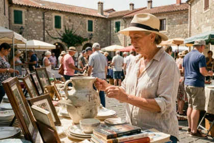 Chineuse examinant un vase ancien lors d'un vide grenier dans les Alpes Maritimes