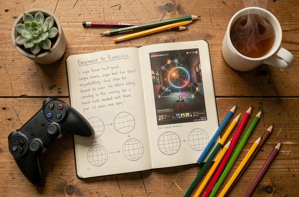 Vue aérienne d'un bureau avec manette, carnet de notes manuscrites et captures d'écran de Clair Obscur pour guider les débutants