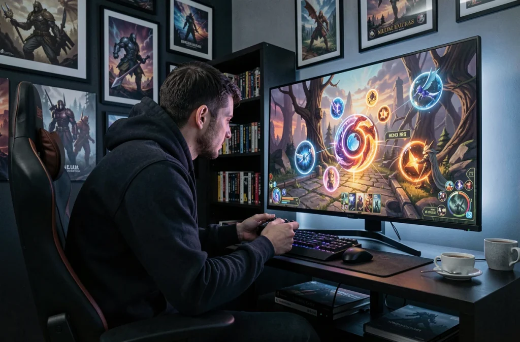 Joueur adulte en hoodie installé dans une salle de jeu regardant Clair Obscur Expedition 33 sur grand écran TV