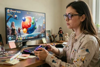 Jeune femme concentrée jouant à Clair Obscur avec une manette devant un écran affichant la sphère de peinture du jeu