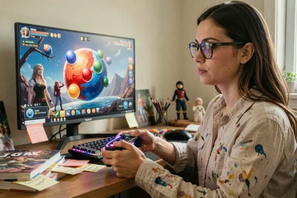 Jeune femme concentrée jouant à Clair Obscur avec une manette devant un écran affichant la sphère de peinture du jeu