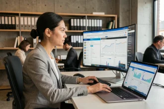 Femme professionnelle comparant des plateformes d'analyse en ligne sur un écran dans un espace de coworking moderne