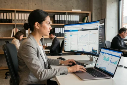 Femme professionnelle comparant des plateformes d'analyse en ligne sur un écran dans un espace de coworking moderne