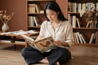 Femme asiatique consultant un livre d'astrologie chinoise sur le signe du Coq d'Eau 1993, assise dans un appartement minimaliste