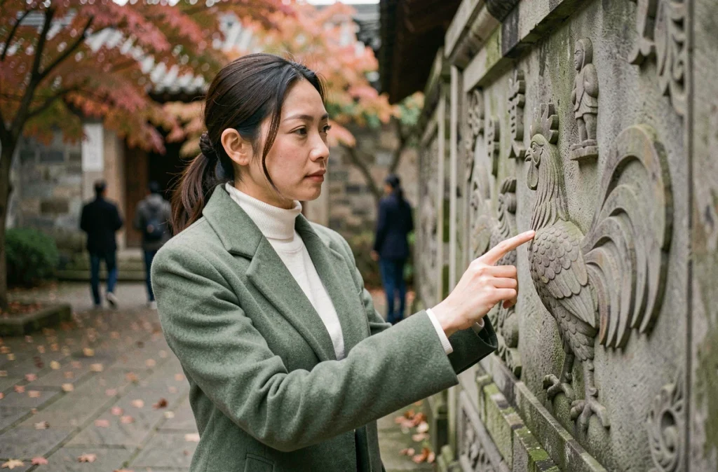 Femme devant un mur de pierre avec bas-reliefs du zodiaque chinois représentant le signe du Coq dans une cour patrimoniale en automne