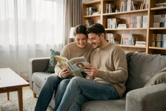 Couple de jeunes adultes lisant des mangas yaoi ensemble sur un canapé scandinave dans un appartement moderne et chaleureux