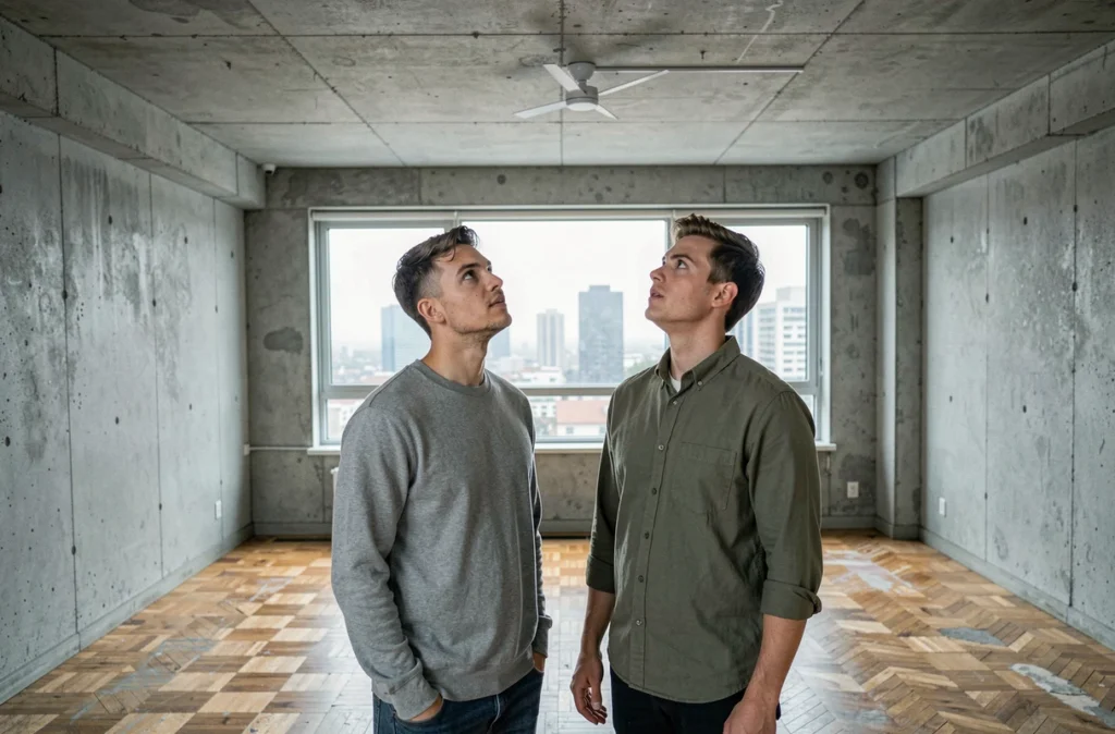 Jeune couple visitant un appartement vide lors d'une visite immobilière pour un premier achat