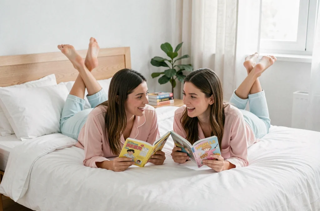 Deux jeunes femmes lisant des mangas yaoi allongées sur un lit dans une chambre lumineuse et minimaliste, ambiance week-end détendu