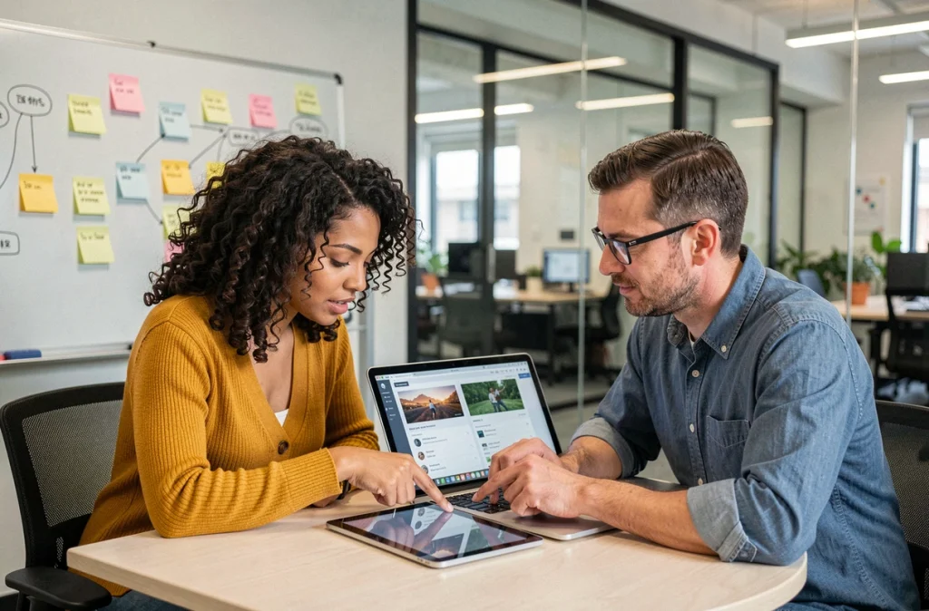 Deux collègues comparant des outils d'analyse numérique sur tablette et ordinateur portable en salle de réunion startup