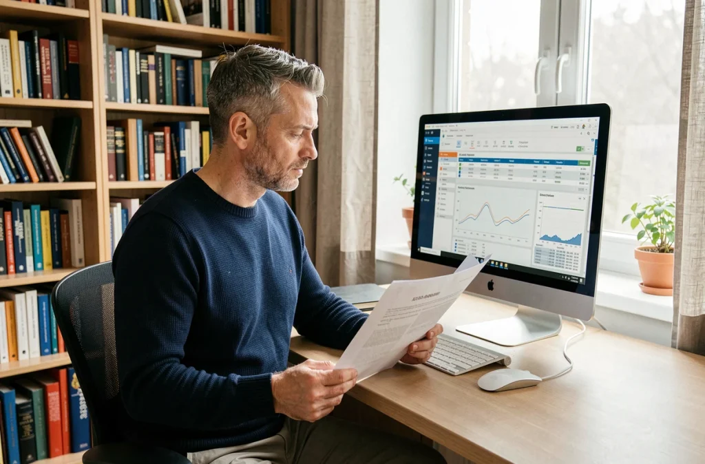 Homme évaluant un logiciel d'analyse de données dans un bureau à domicile bien équipé avec rapport imprimé et écran