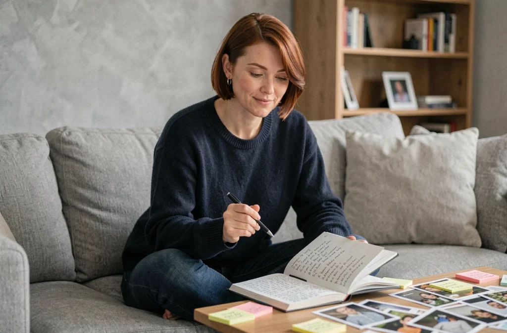 Femme prenant des notes et analysant des indices à la maison pour déterminer l'âge de Léa Gillard, illustrant les théories des fans