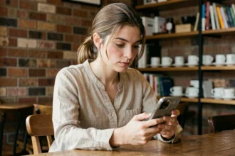 Jeune femme consultant son smartphone dans un café, illustrant la curiosité des fans cherchant des indices sur l'âge de Léa Gillard