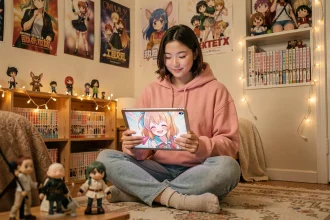 Jeune femme admirant un personnage d'anime husbando sur une tablette dans une chambre décorée de posters et figurines manga