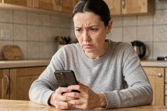 Femme méfiante regardant un appel inconnu sur son smartphone, illustration numéro de téléphone suspect 0948001717