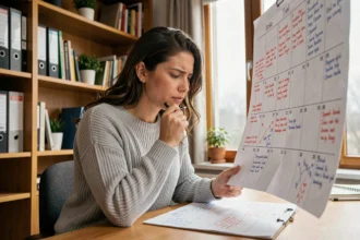 Femme consultant un calendrier papier avec des annotations en semaines paires et impaires dans un bureau à domicile