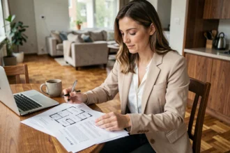 Femme consultant des documents immobiliers à une table en bois lors de l'achat de son premier appartement