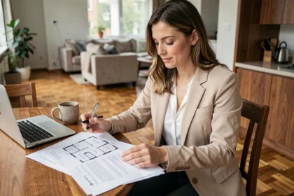 Femme consultant des documents immobiliers à une table en bois lors de l'achat de son premier appartement