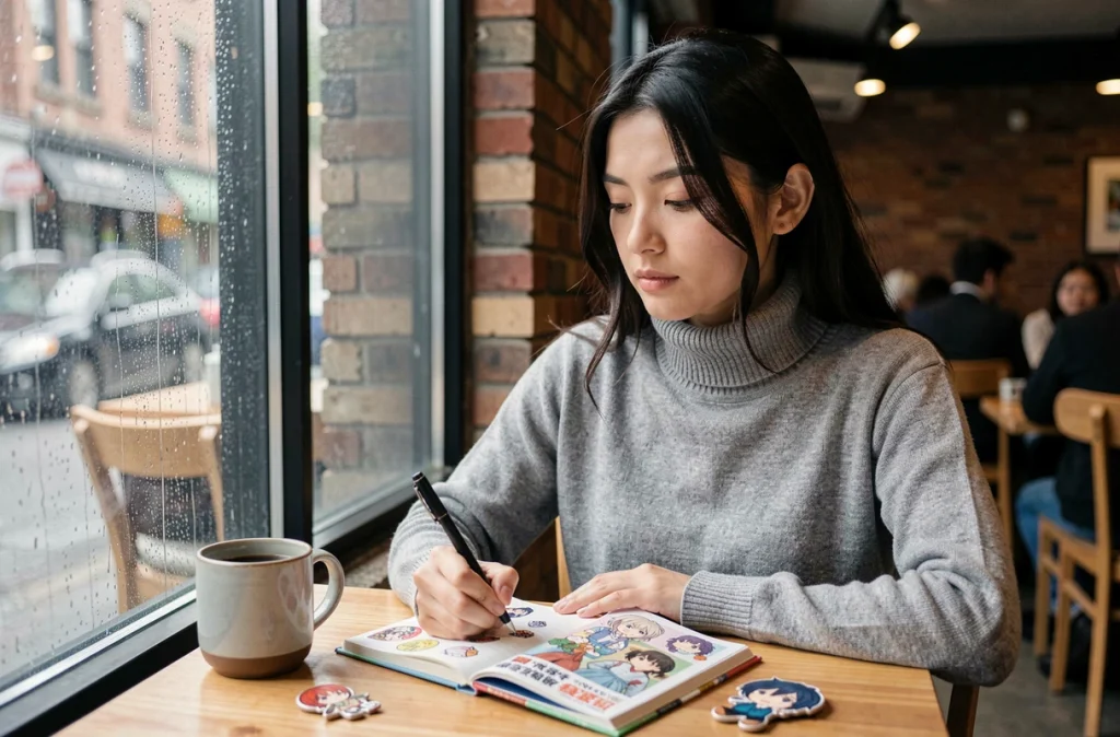Jeune femme écrivant dans un journal illustré d'anime dans un café, évoquant la fascination romantique pour les personnages husbandos