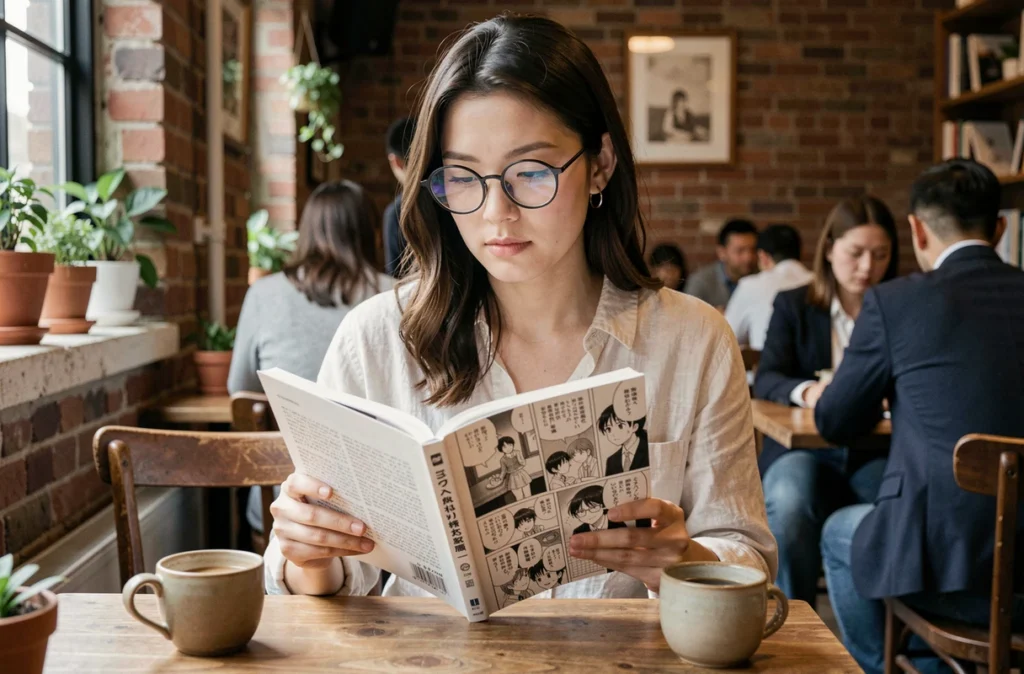 Jeune femme lisant un manga yaoi dans un café indépendant avec murs en briques, atmosphère littéraire et urbaine