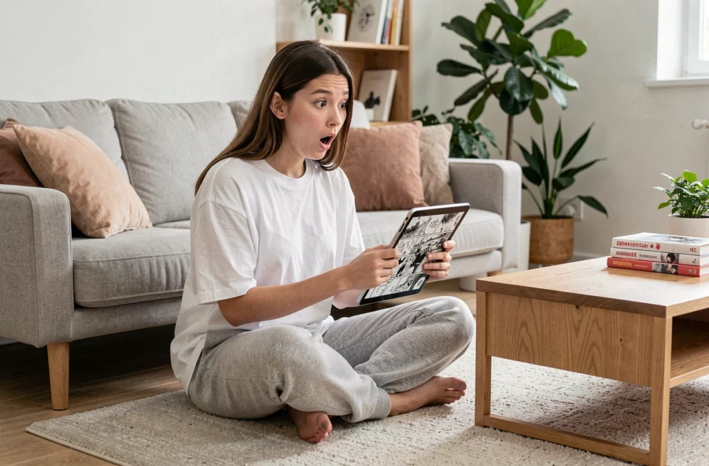 Jeune femme captivée par la lecture d'un scan manga HD sur tablette dans un salon moderne