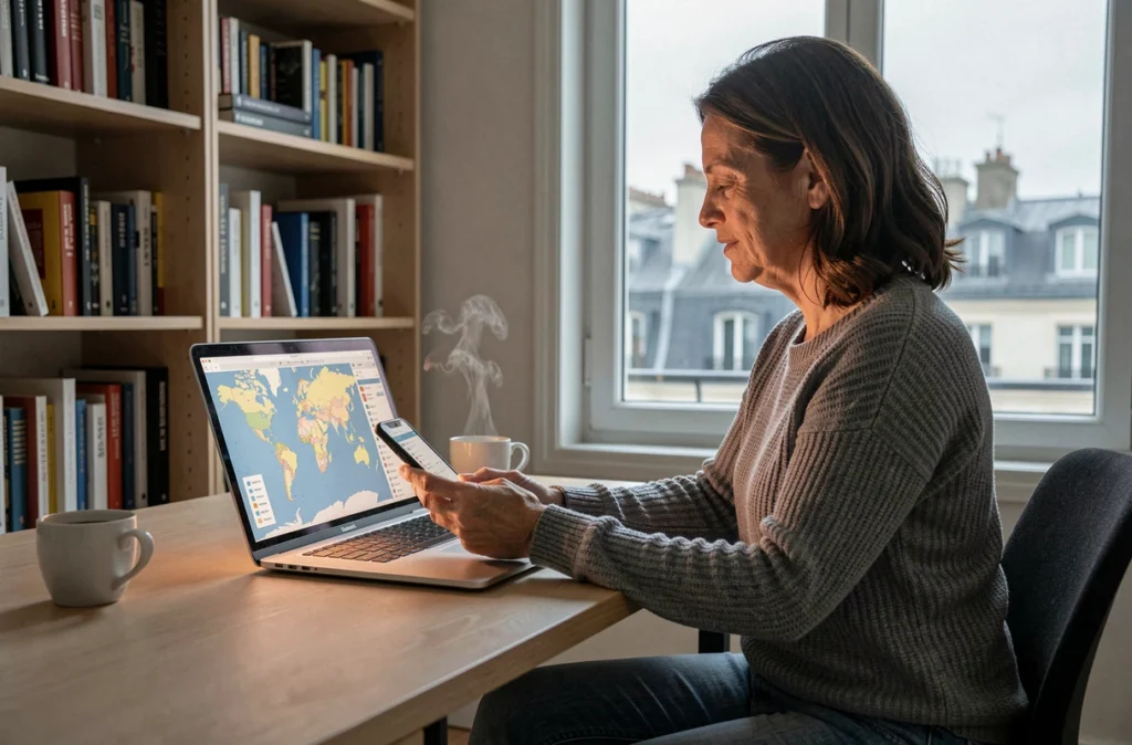 Femme depuis Paris consultant les fuseaux horaires sur ordinateur pour appeler la Guadeloupe