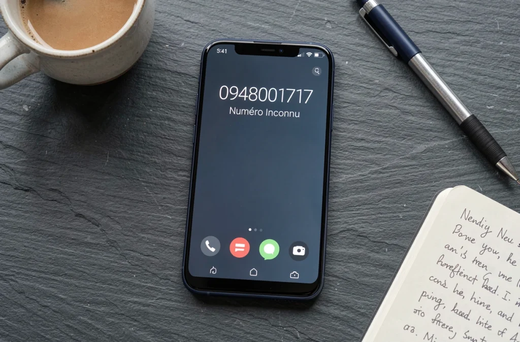 Gros plan d'un smartphone affichant un numéro inconnu 0948001717 sur une surface en ardoise, vue du dessus
