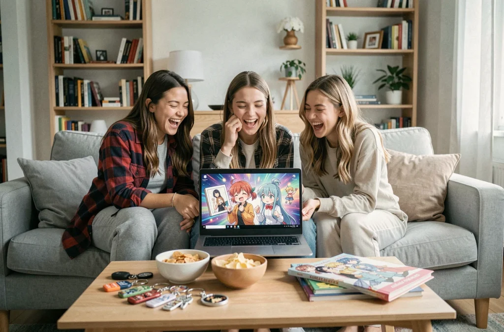 Groupe de jeunes femmes réagissant émotionnellement à un anime sur un laptop dans un salon, illustrant la communauté des fans d'husbandos