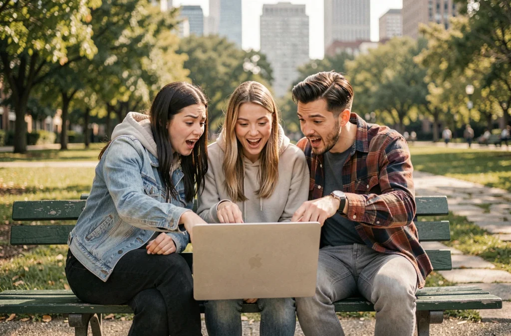 Groupe d'amis analysant ensemble des indices en ligne sur un ordinateur portable dans un parc, représentant la communauté de fans de Léa Gillard