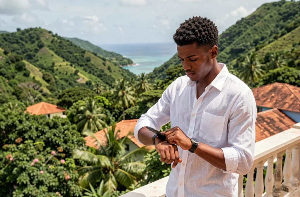 Jeune homme guadeloupéen vérifiant l'heure sur sa montre avec vue sur la mer des Caraïbes
