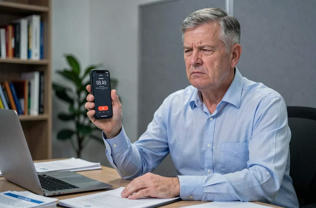 Homme en bureau regardant un numéro inconnu sur smartphone, analyse appel indésirable 0948001717