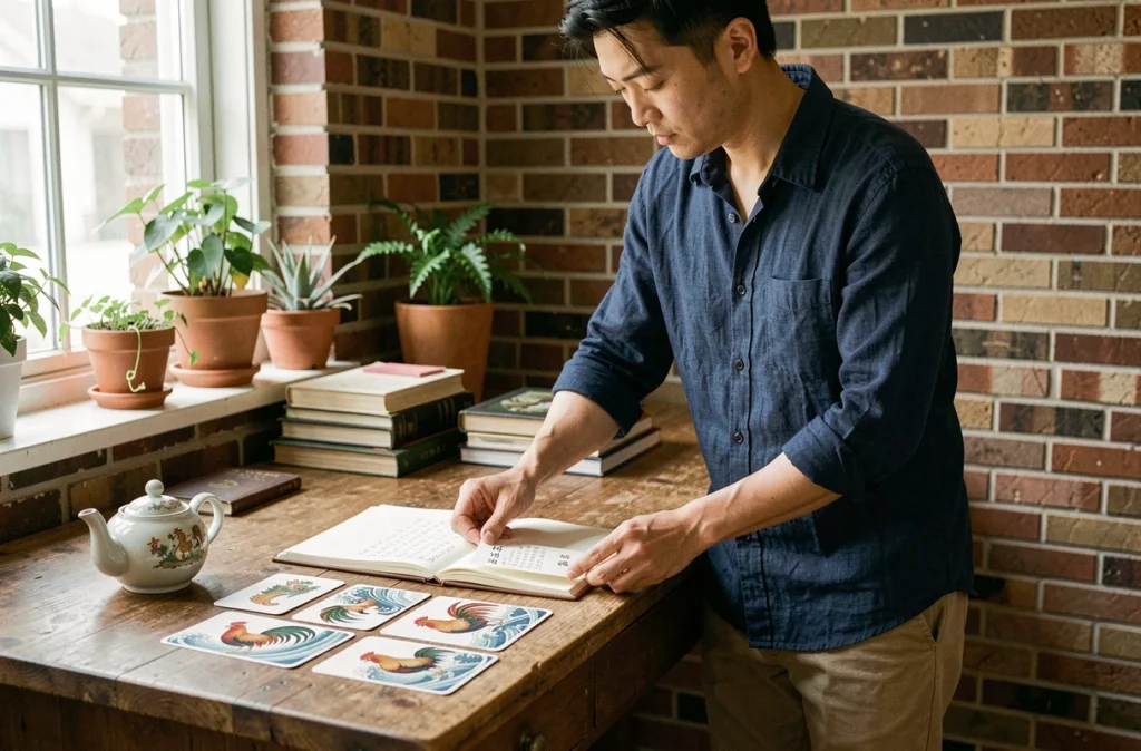 Homme consultant des cartes du zodiaque chinois Coq d'Eau 1993 dans un bureau vintage avec journal et symboles astrologiques