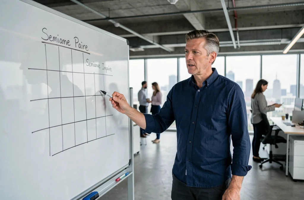 Homme d'affaires expliquant un planning avec semaines paires et impaires sur un tableau blanc en open space