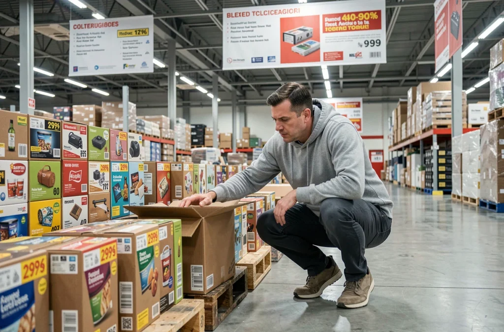 Homme inspectant des articles déstockés en bas d'un présentoir palette à l'entrée d'un entrepôt de déstockage type Stokea à Tourcoing