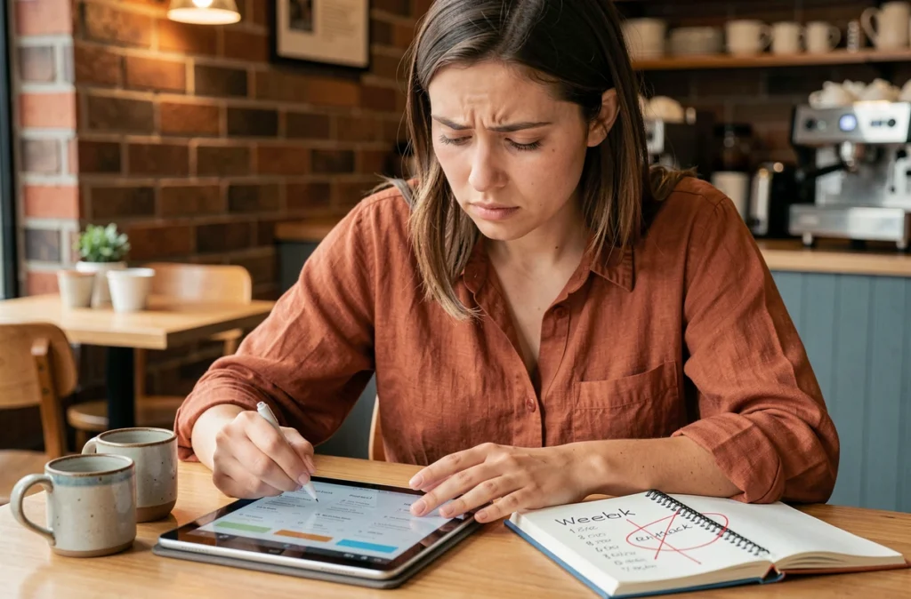 Jeune femme corrigeant une erreur dans son agenda numérique et papier sur semaines paires et impaires dans un café