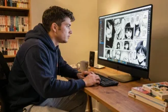 Jeune homme lisant le scan One Piece en HD sur un grand écran dans un bureau manga cosy