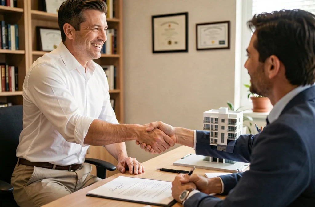 Homme signant un contrat immobilier et serrant la main d'un agent lors de l'achat d'un premier appartement