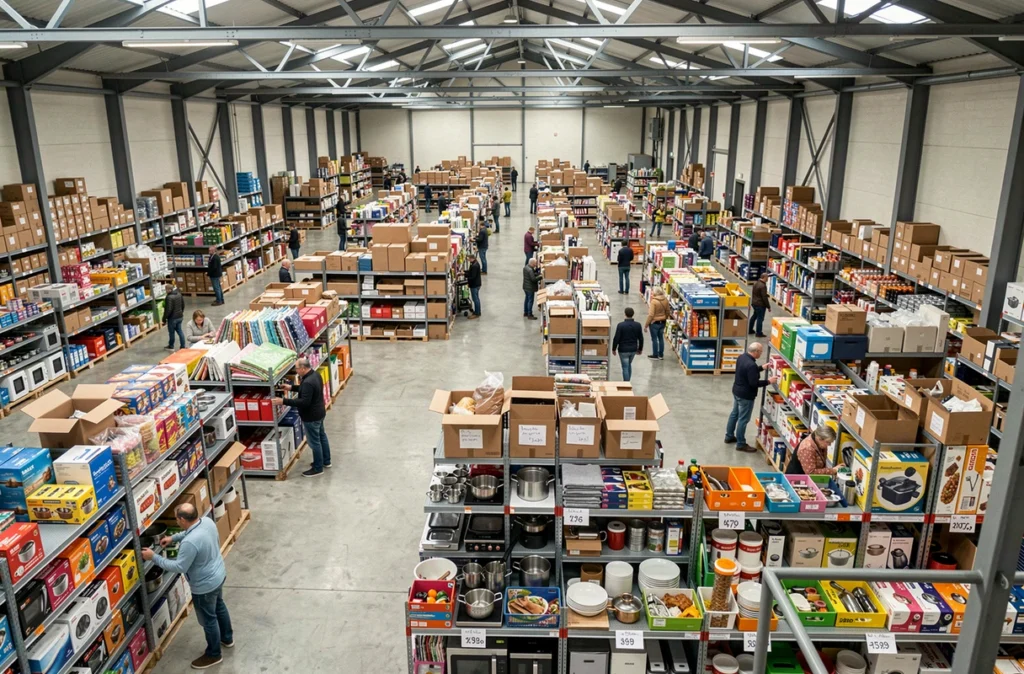 Vue en hauteur de l'intérieur d'un grand magasin de déstockage style Stokea à Tourcoing, avec des rayons chargés et des clients parcourant les allées remplies d'articles soldés
