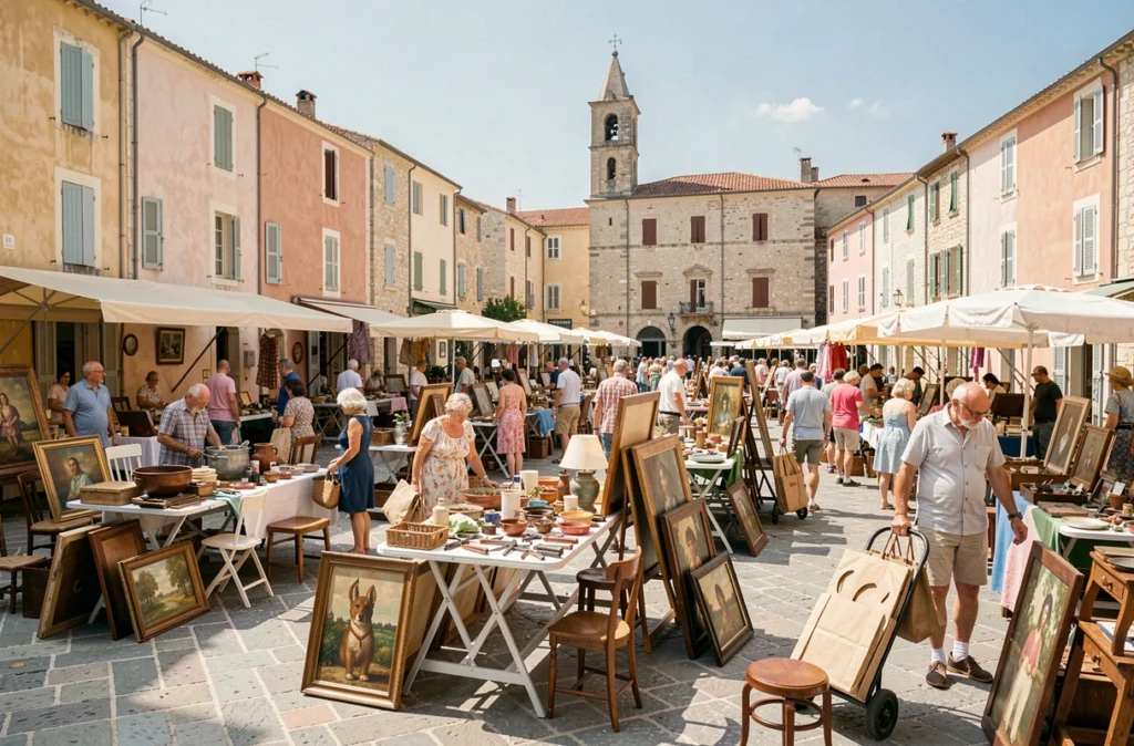 Vue panoramique d'un grand vide grenier en plein air dans un village des Alpes Maritimes