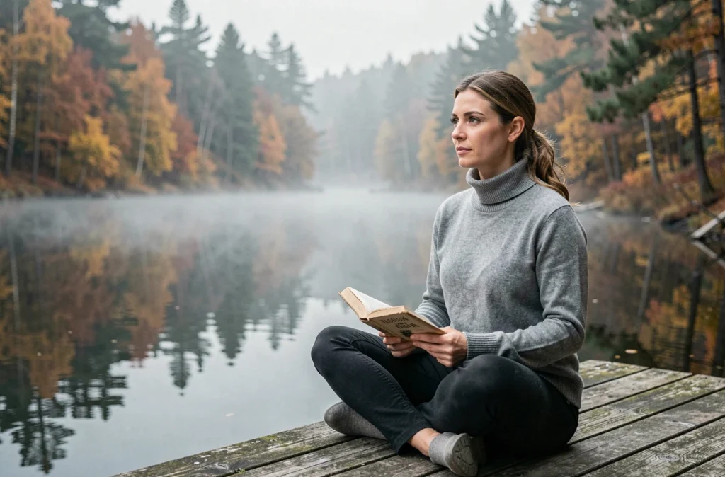 Actrice retirée du cinéma méditant au bord d'un lac en automne, symbolisant une vie choisie loin des projecteurs