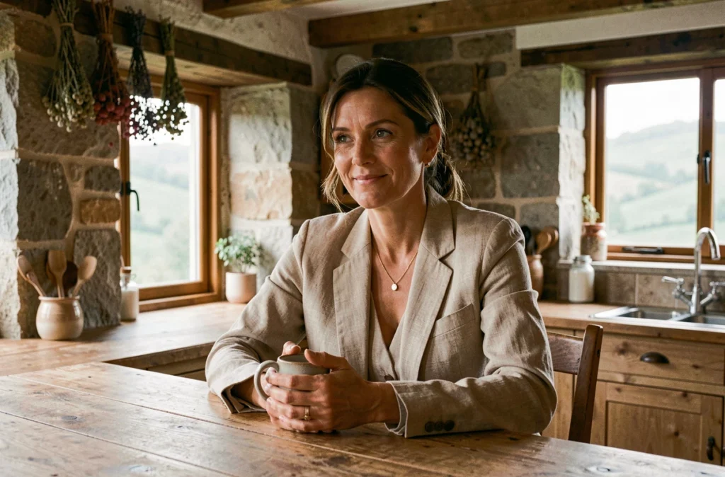 Femme épanouie dans une ferme à la campagne après avoir quitté le monde du cinéma hollywoodien
