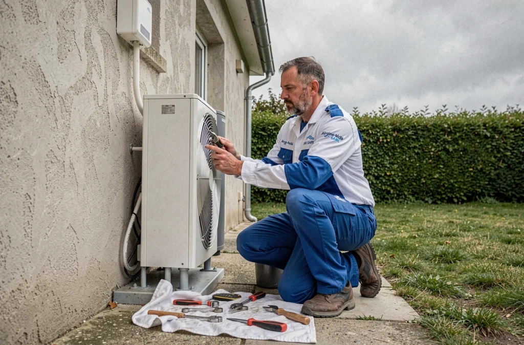 Technicien Airgine-Mollé SARL entretenant une pompe à chaleur air-eau sur une maison vendéenne